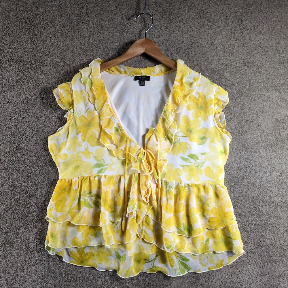 Haver London Womens XL Floral Ruffle V Neck‎ Peplum Blouse Top